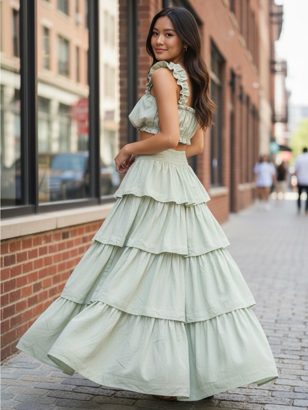 Mable Tiered Maxi Skirt in Sage Green - Picture 3 of 7